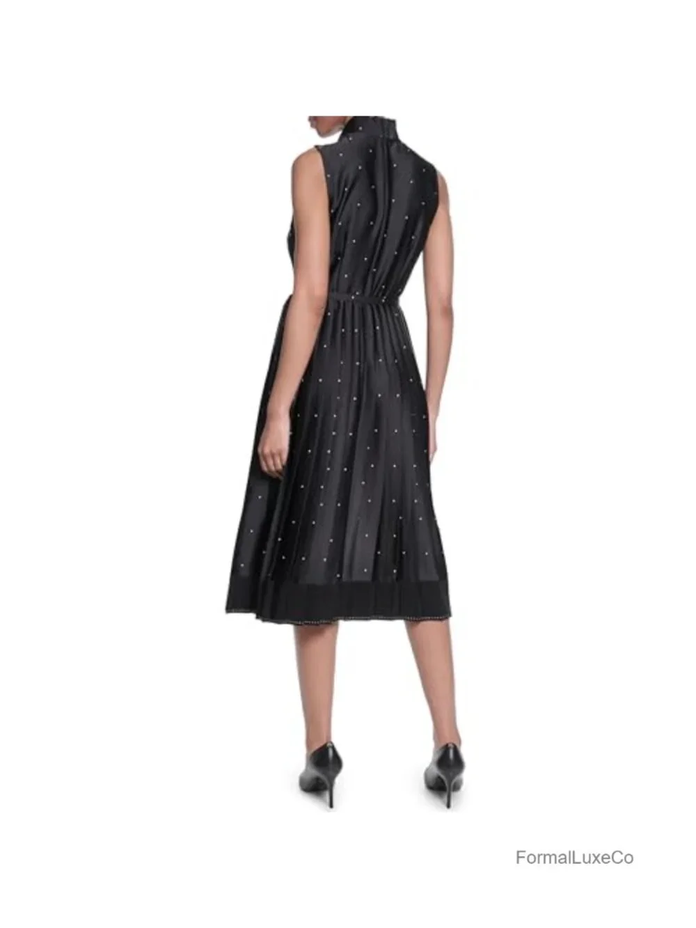Sleeveless Tie Neck Matte Satin Pleated Midi Dress